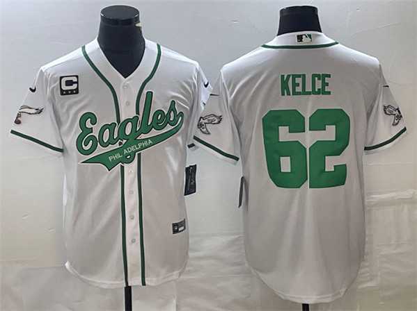 Mens Philadelphia Eagles #62 Jason Kelce White With C Patch Cool Base Stitched Baseball Jersey